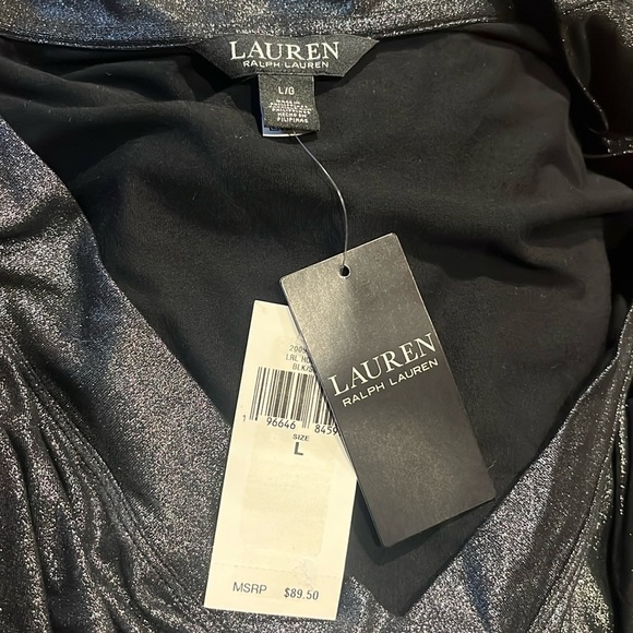 Lauren Ralph Lauren Women's Metallic Jersey Surplice Top black silver L - Picture 3 of 5